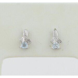 10k White Gold Natural Aquamarine and Diamond Earrings Stud Post 3/8" x 1/4"